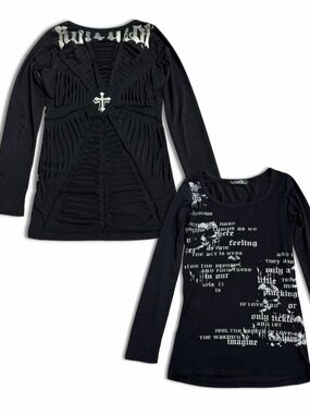 Japanese Brand Punk Distressed Web Cut Out Graphic Longsleeve Top